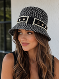 Pearl-Trim Embellished Black & White Woven Bucket Hat