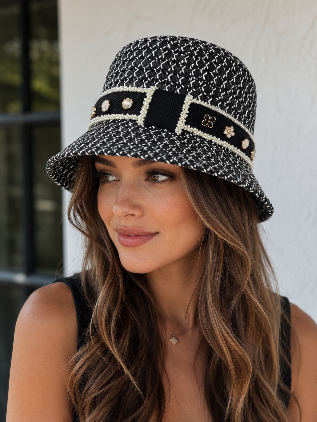 Pearl-Trim Embellished Black & White Woven Bucket Hat