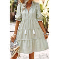 Olive Stripe Tiered Tassel Dress