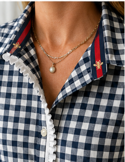Hand-Embellished Navy Gingham Ruffle Button-Down Shirt by Trish - Size M