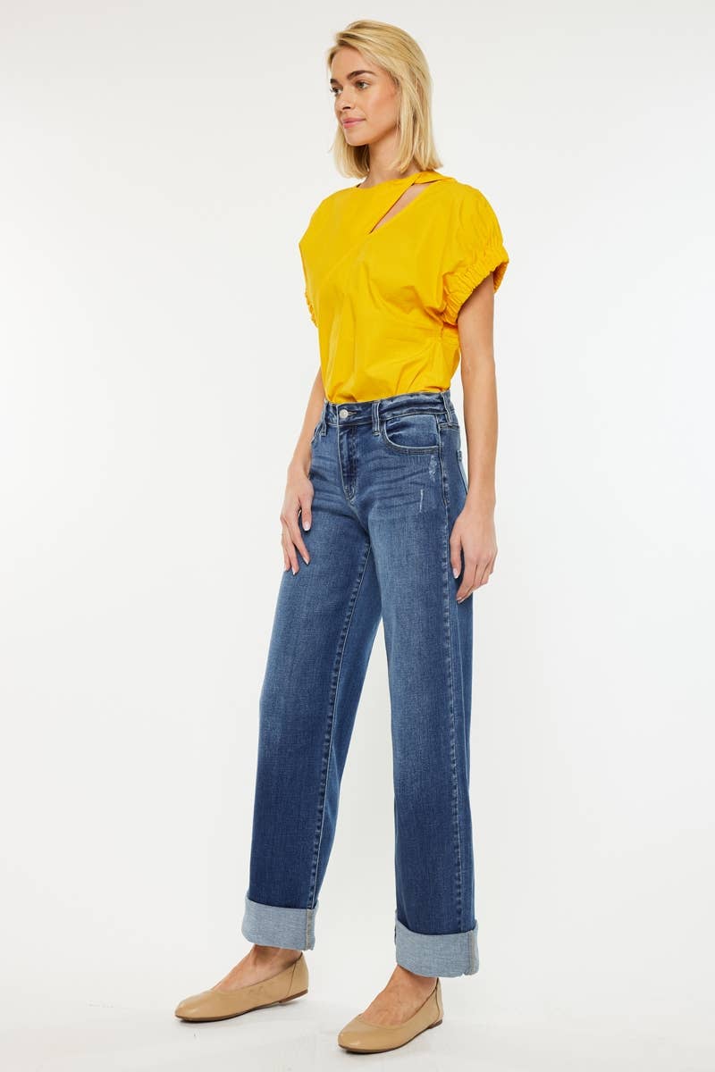 Kan Can Crater High Rise Wide Leg Cuff Jean