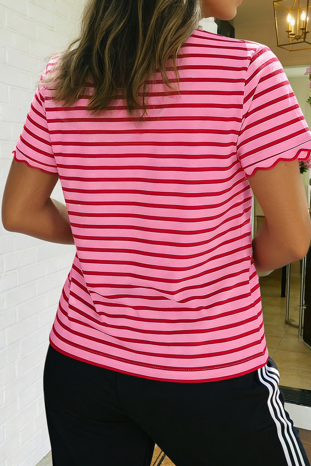 Stripe Scalloped Trim Round Neck T Shirt (S-XL)