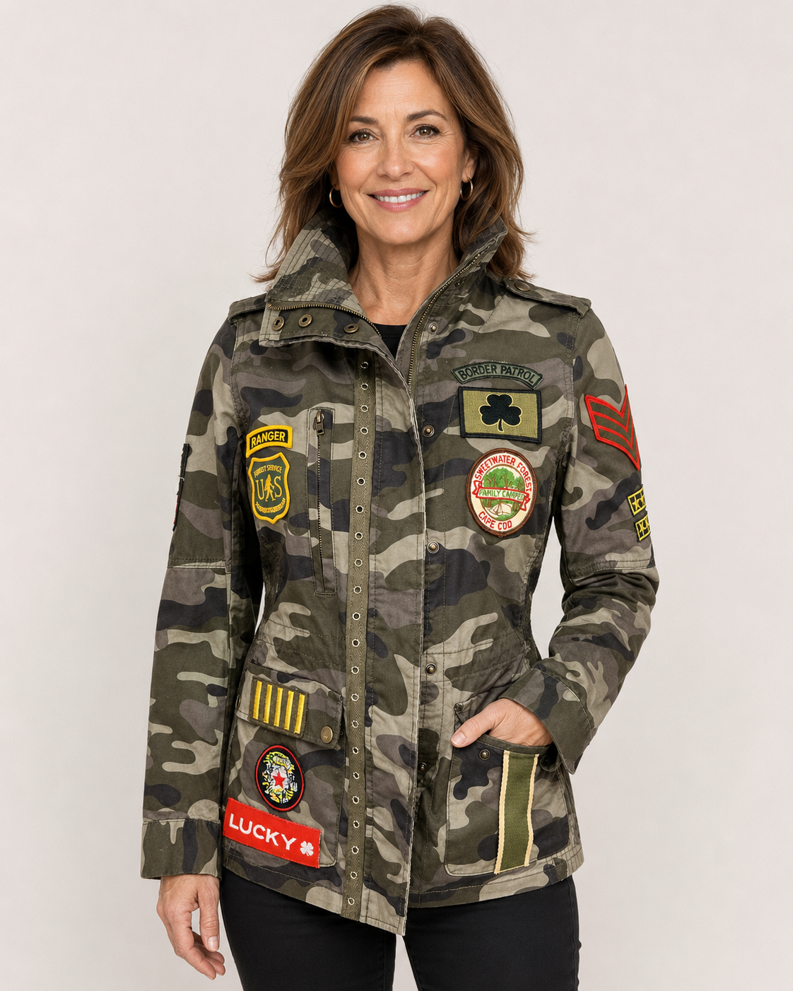 Hand-Embellished Camo Border Patrol Patched Jacket by Trish - Size Extra Small
