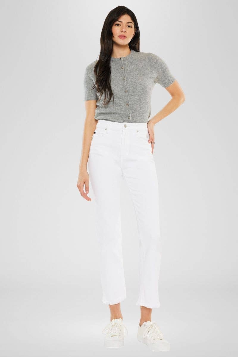 Kan Can USA - High Rise White Slim Straight Jean w/ Fray Hem