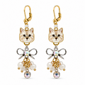 Handmade Cream Cat & Crystal Drop Bow Earrings by D.K. Tlustos