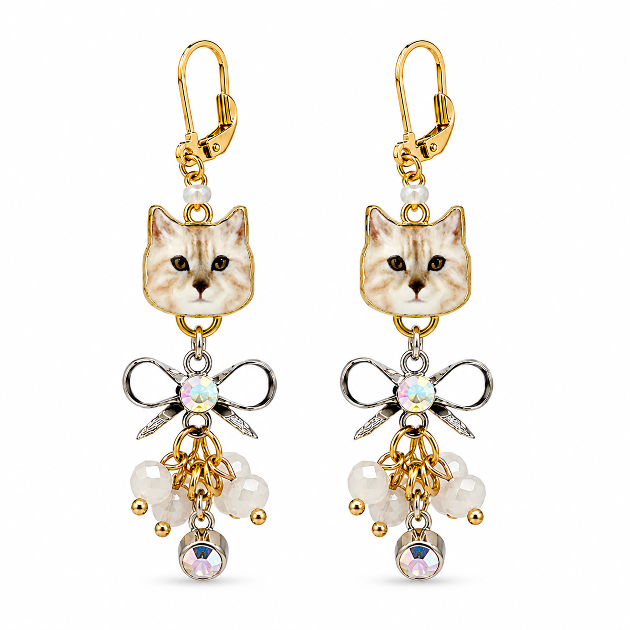 Handmade Cream Cat & Crystal Drop Bow Earrings by D.K. Tlustos
