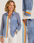 Hand-Embellished Sheer Blue Striped Blouse with Orange Accent Trim by Trish - Size Small