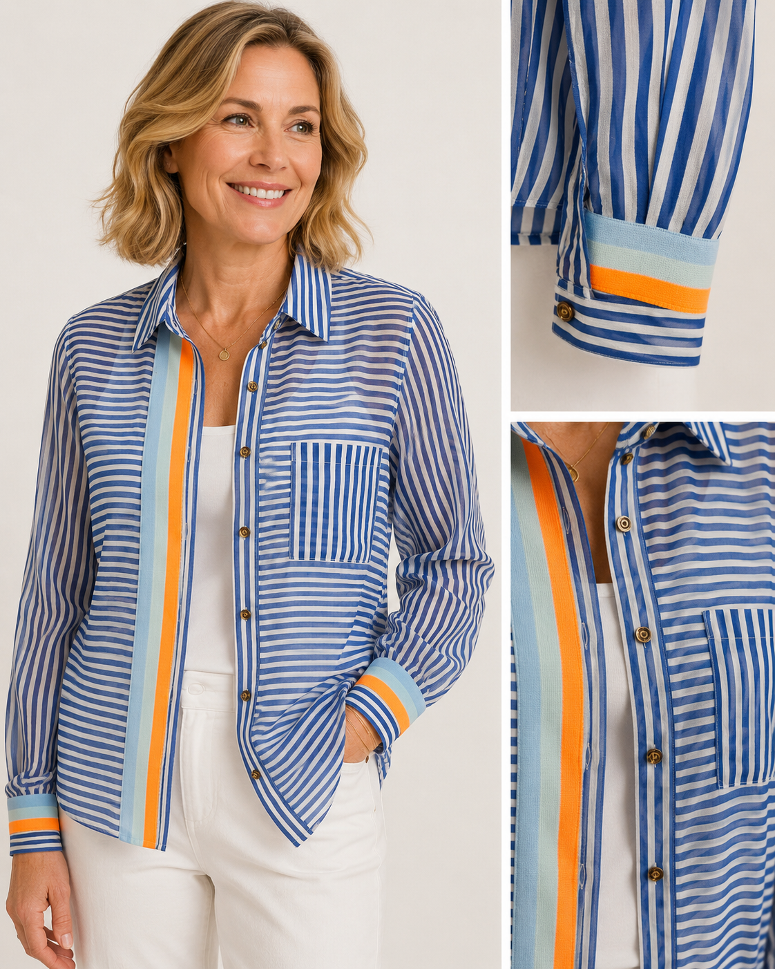 Hand-Embellished Sheer Blue Striped Blouse with Orange Accent Trim by Trish - Size Small