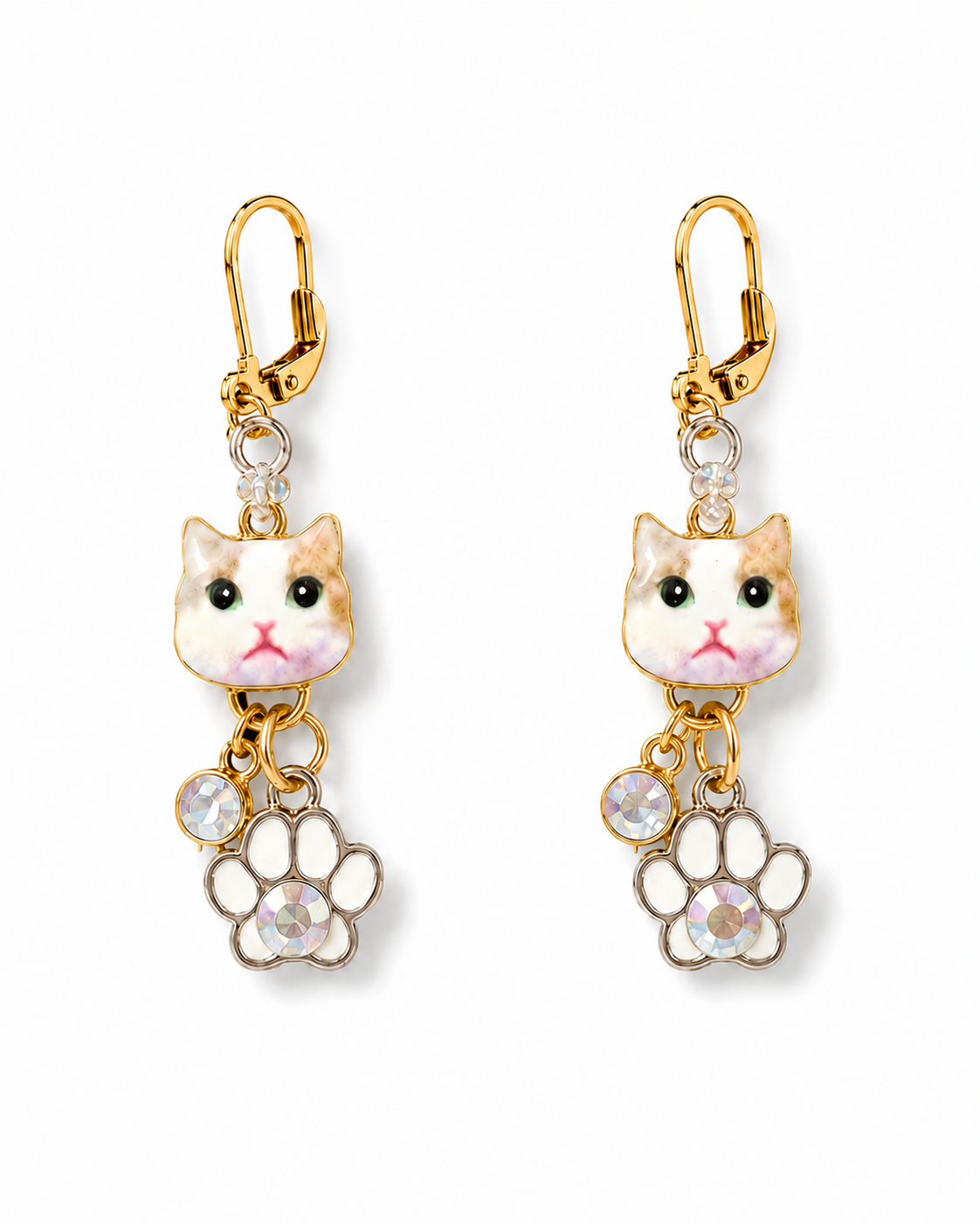 Handmade Whimsical White Kitten Earrings with White Paws by D.K. Tlustos Copy