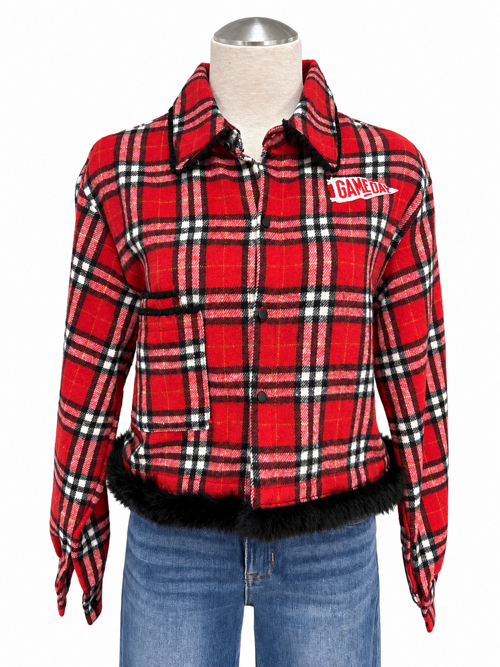 'Gameday' Embellished Plaid Jacket with Fur - Size Small