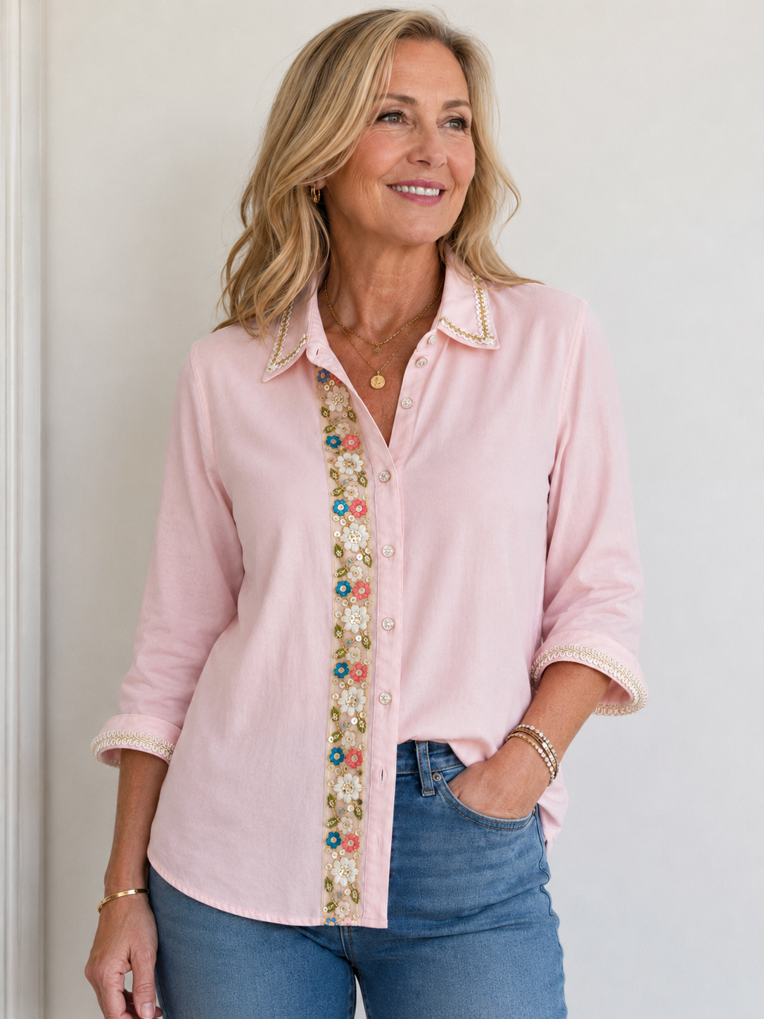 Hand-Embellished Pink Floral Trim Blouse by Trish - Size Small