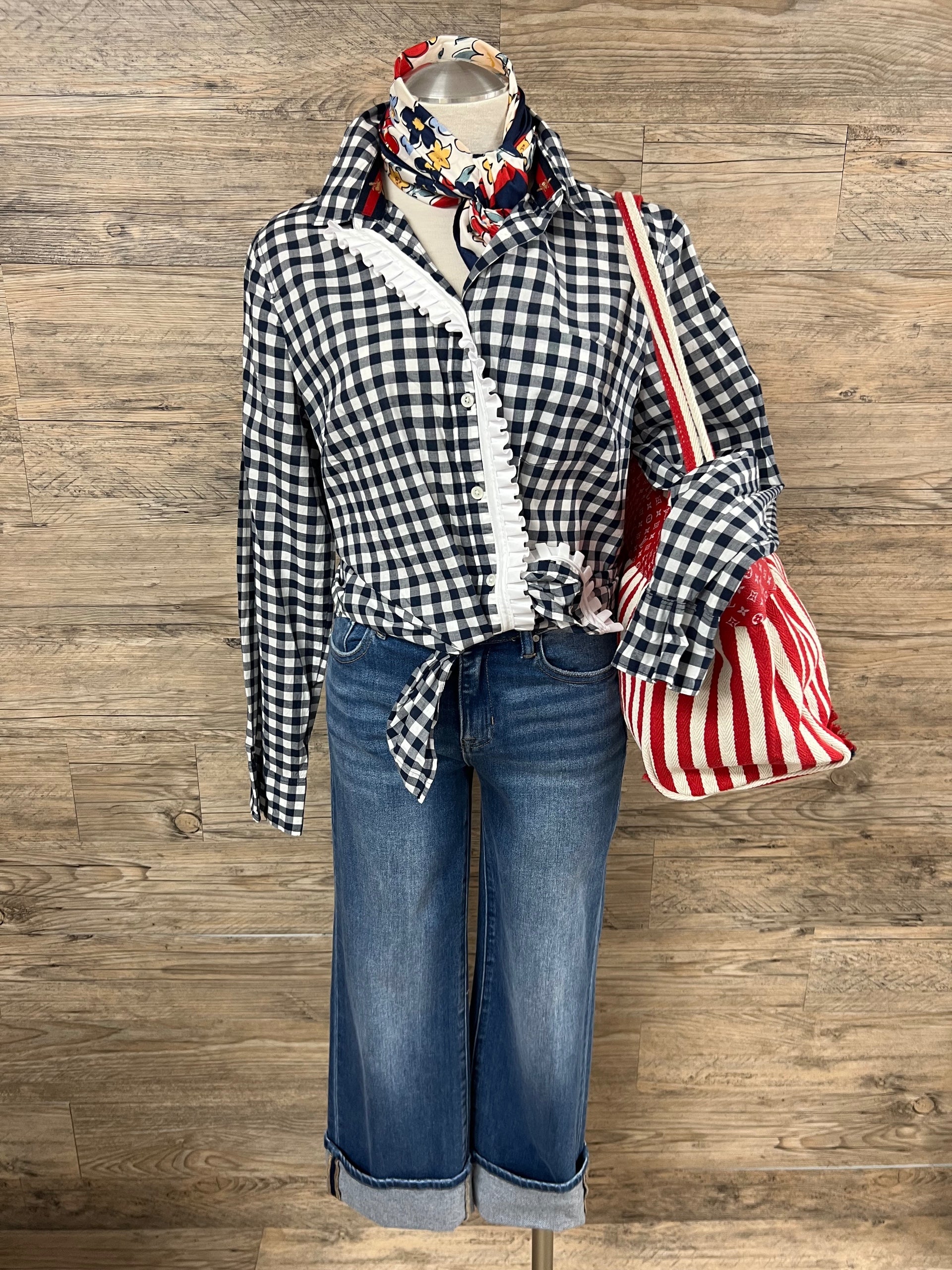 Navy Gingham Ruffle Button-Down Shirt Embellished by Trish - Size M