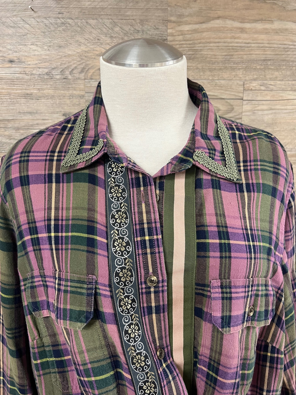 Purple and Olive Flannel Embellished by Trish - Size Large