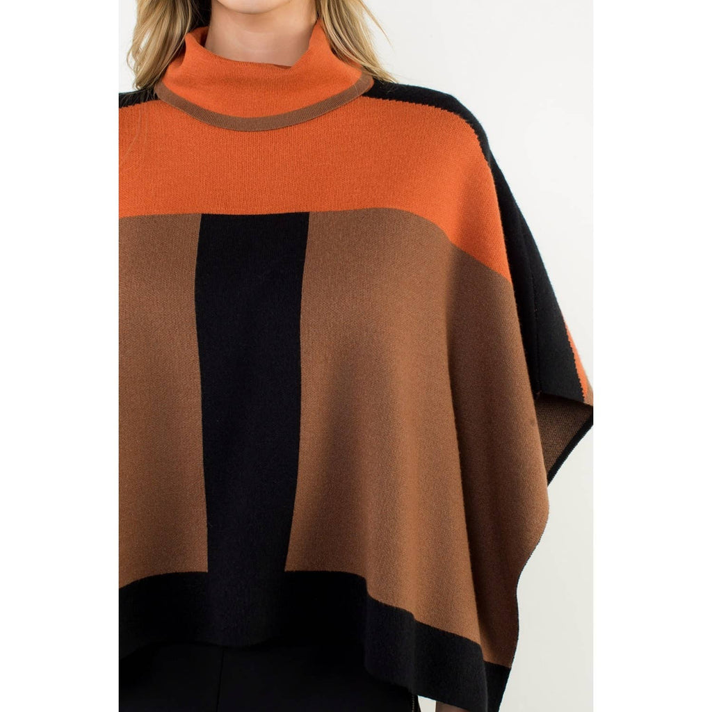 Colorblock Turtleneck Knit Poncho