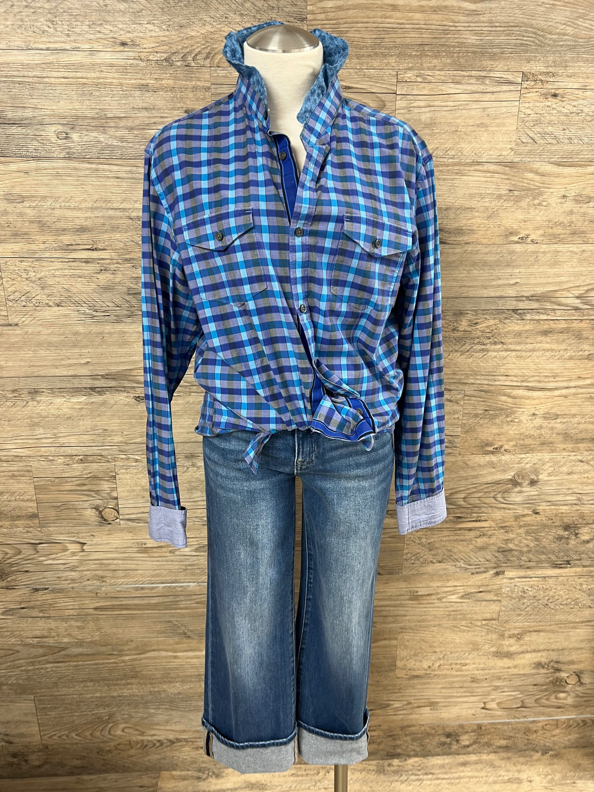Blue Plaid Ruffle Collar Button-Up Shirt Embellished by Trish