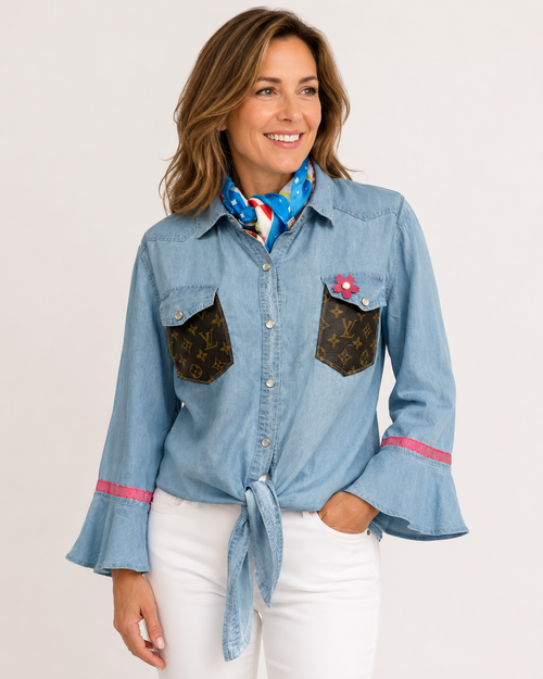 Authentic LV Denim Chambray Tie-Waist Button Up Embellished by Trish - Size Large