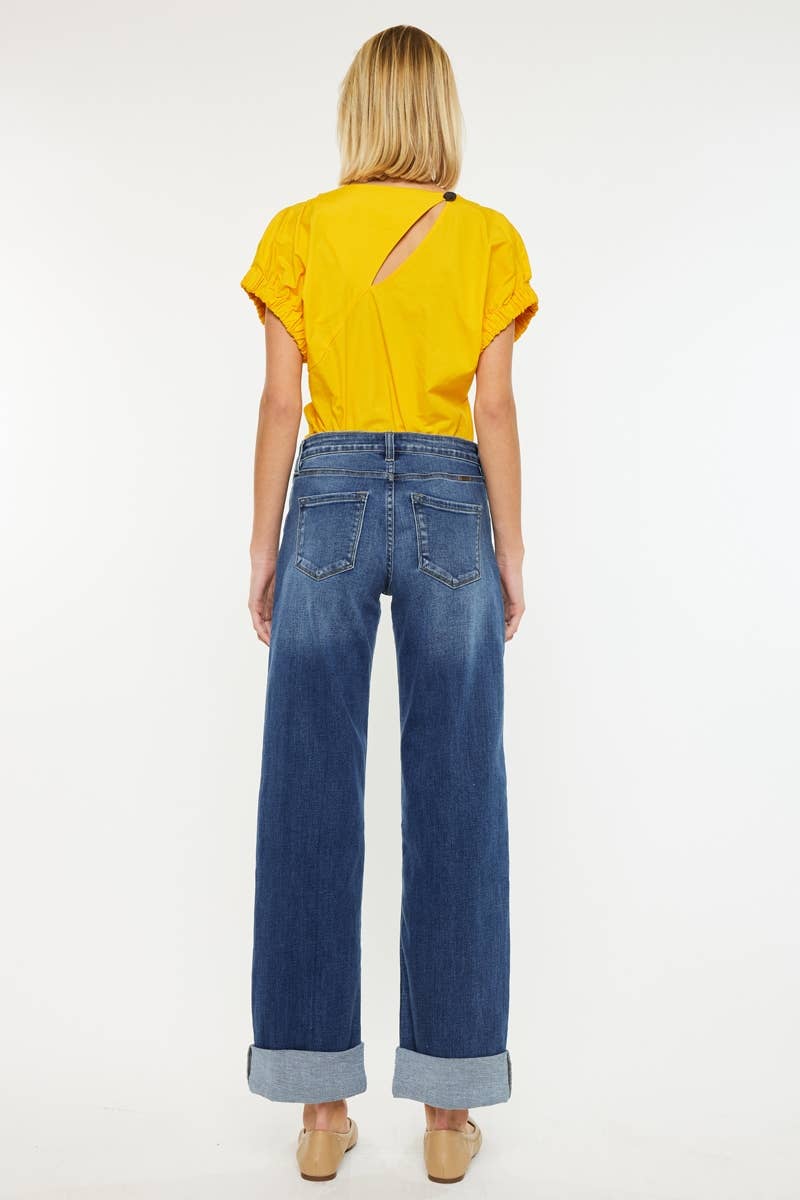 Kan Can Crater High Rise Wide Leg Cuff Jean