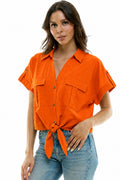 Sunset Orange Tie-Front Utility Top