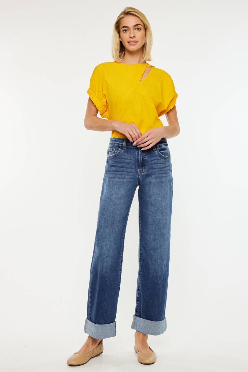 Kan Can Crater High Rise Wide Leg Cuff Jean