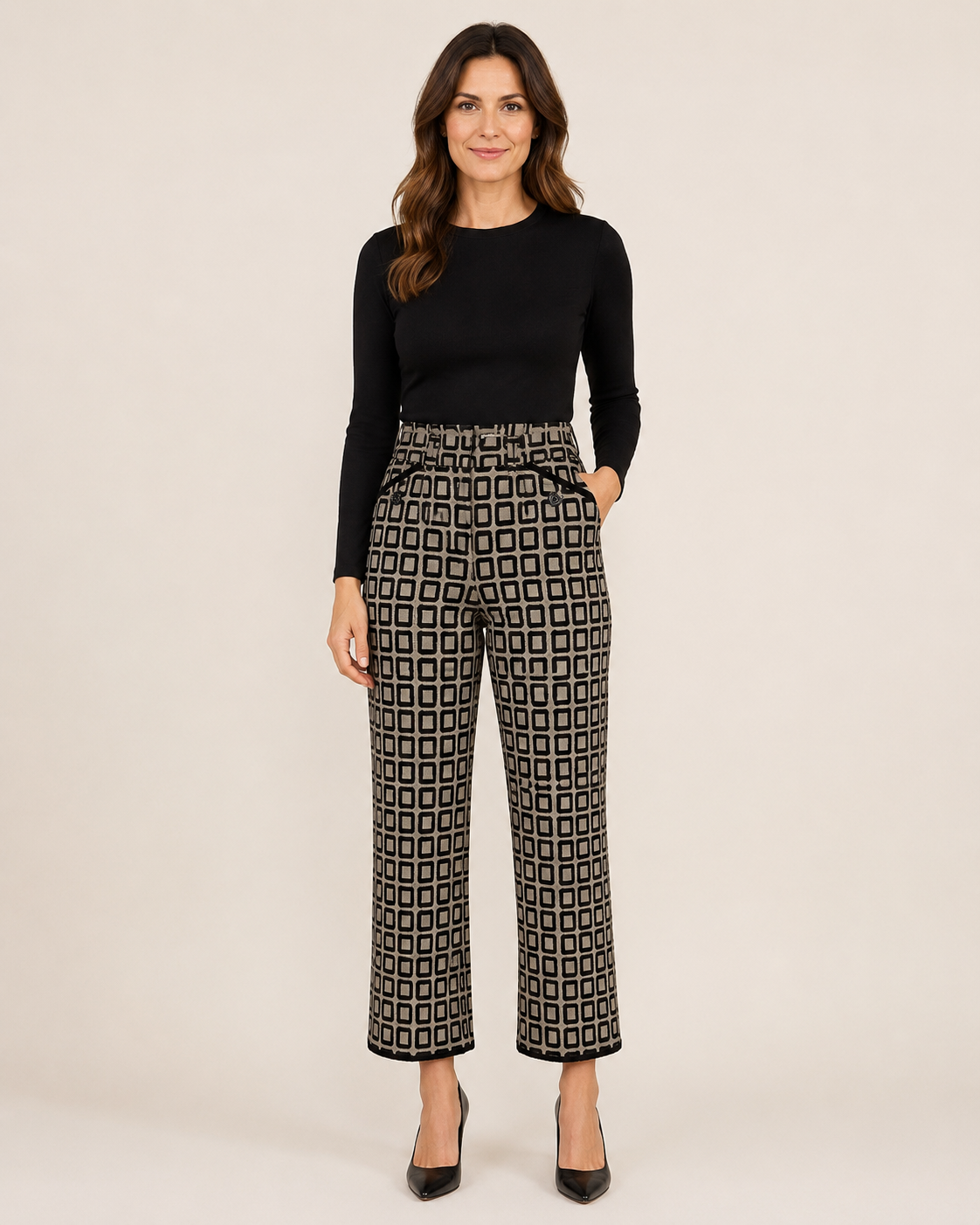 Hand-Embellished Grey Square Patterned Pant by Trish - Size Extra Small