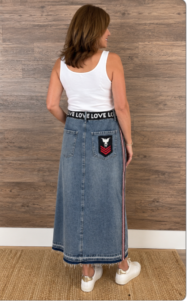 Hand-Embellished Military-Inspired Denim Maxi Skirt by Trish - Size Large (13/30)