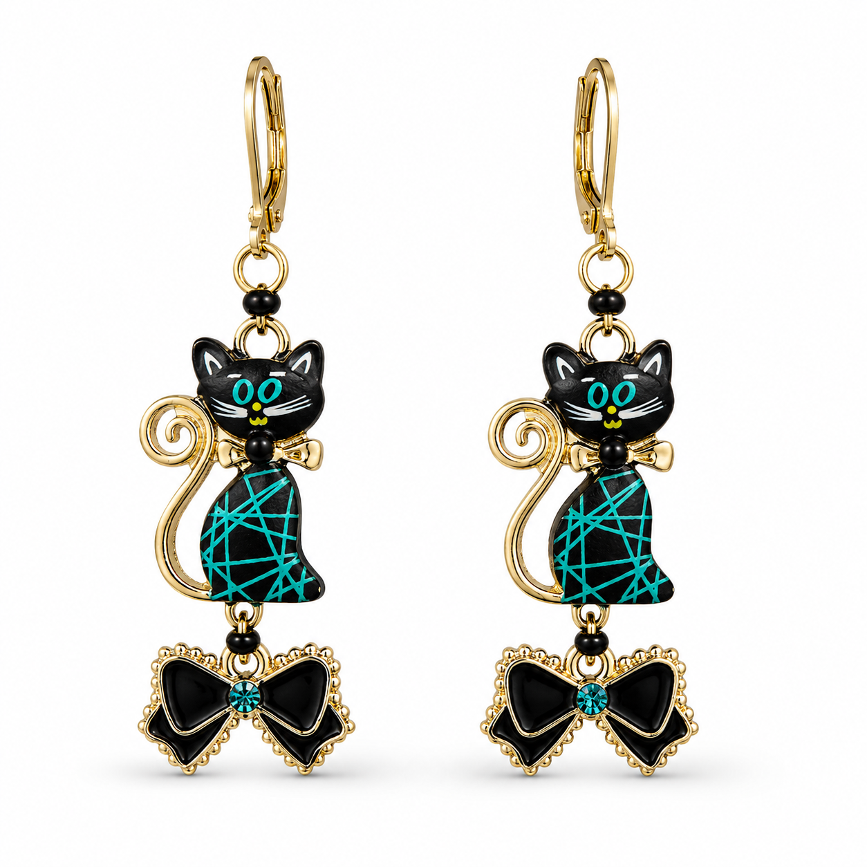 Handmade Black Cat & Turquoise Bow Earrings by D.K. Tlustos