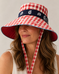 Hand-Embellished Red Gingham Navy Handkerchief Wide-Brim Sun Hat by Trish