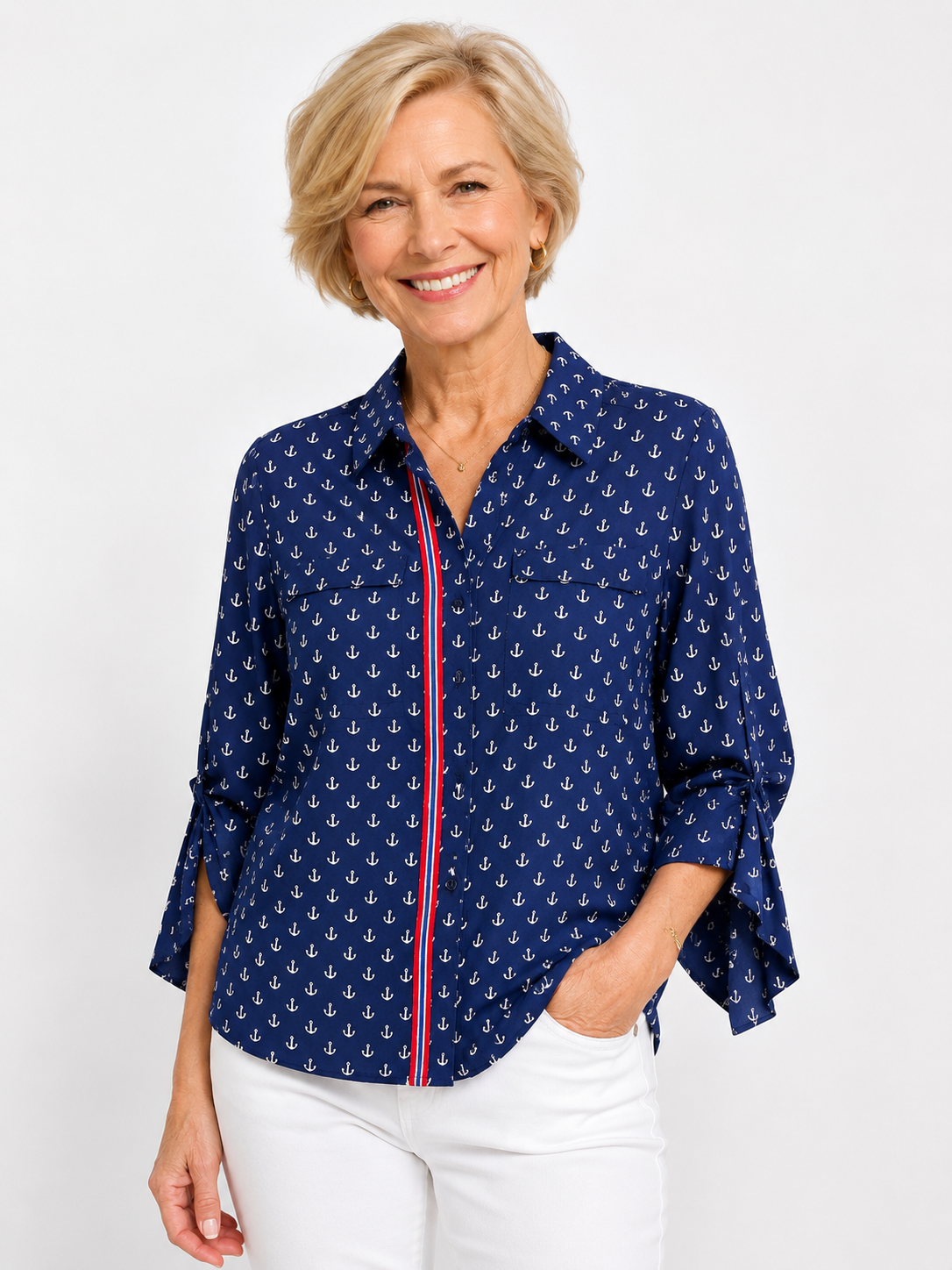 Hand-Embellished Nautical Anchor Blouse by Trish - Size Small