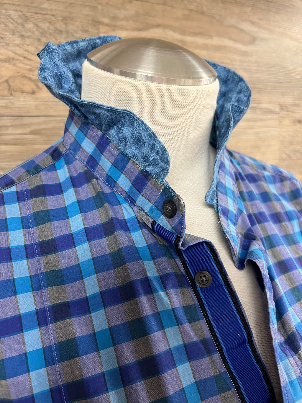 Blue Plaid Ruffle Collar Button-Up Shirt Embellished by Trish