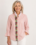 Hand-Embellished Blush Floral Ruffle Blouse by Trish - Size Large
