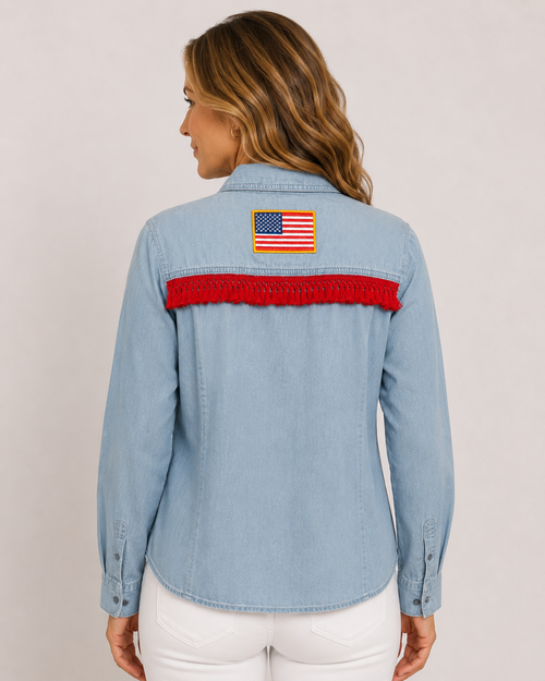 Hand-Embellished American Fringe Denim Chambray Shirt by Trish - Size Medium