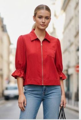 3/4 Zip Front Ruffle Sleeve Jacket