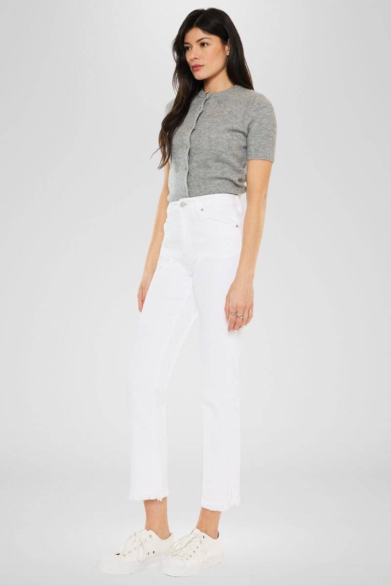 Kan Can USA - High Rise White Slim Straight Jean w/ Fray Hem