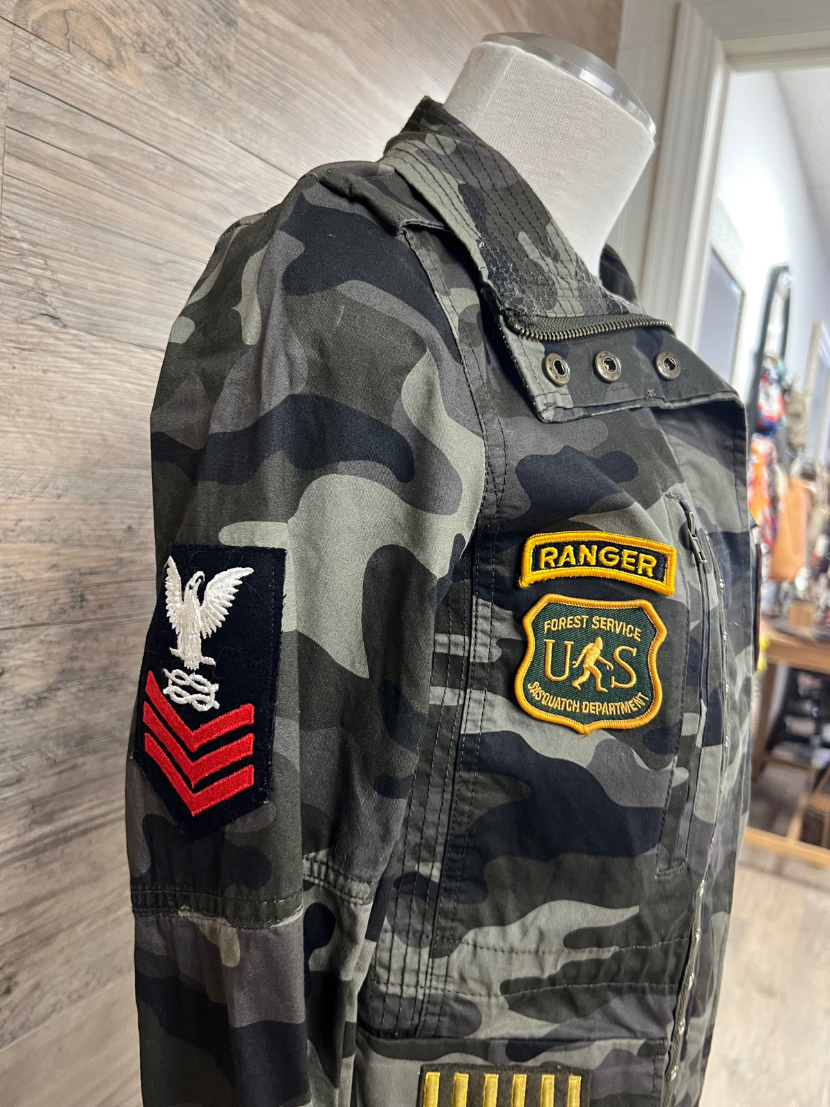 Hand-Embellished Camo Border Patrol Patched Jacket by Trish - Size Extra Small