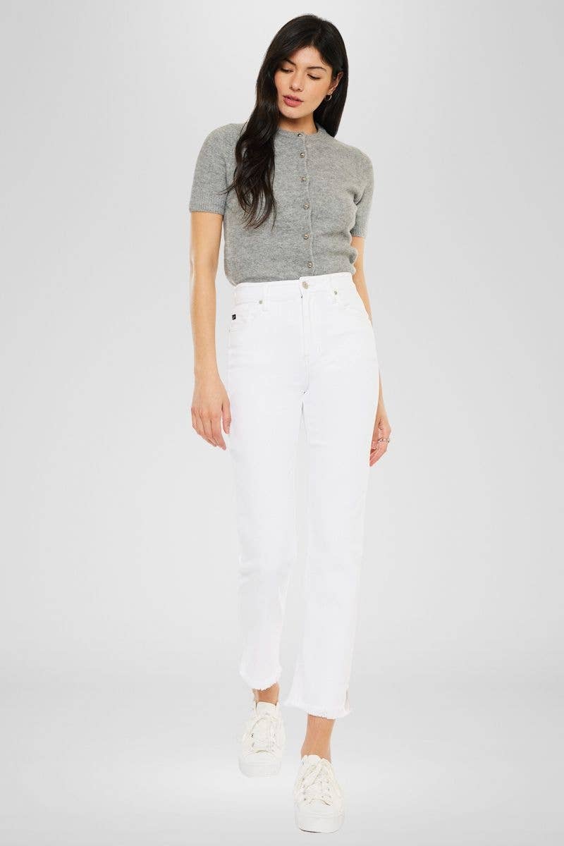 Kan Can USA - High Rise White Slim Straight Jean w/ Fray Hem