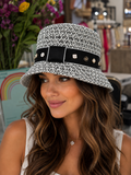 Embellished Satin Banded White & Black Woven Bucket Hat