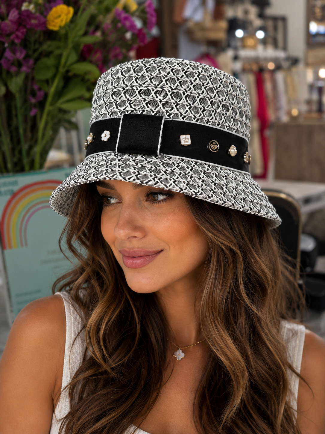 Embellished Satin Banded White & Black Woven Bucket Hat
