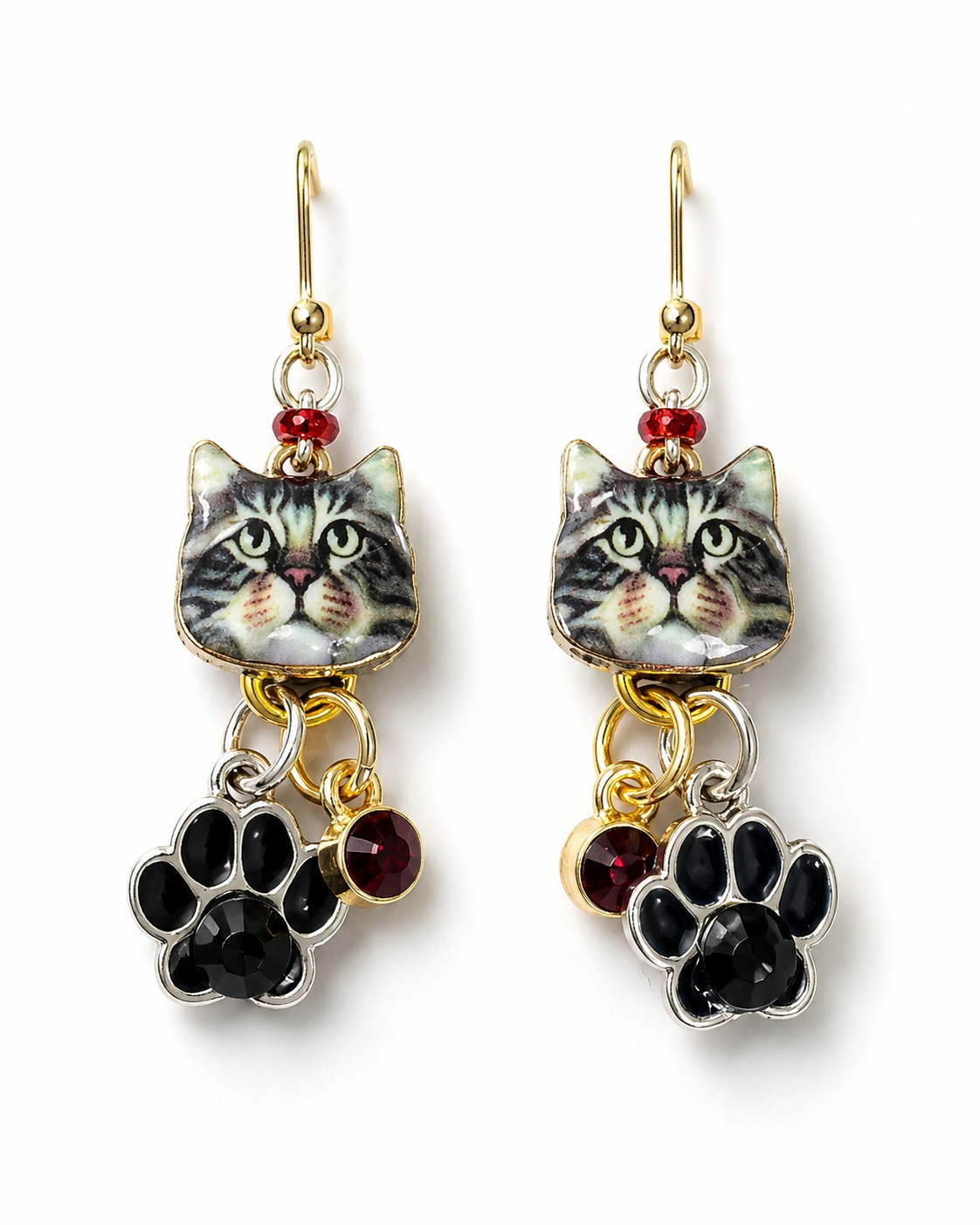 Handmade Whimsical Gray Kitten Earrings with Black Paws by D.K. Tlustos