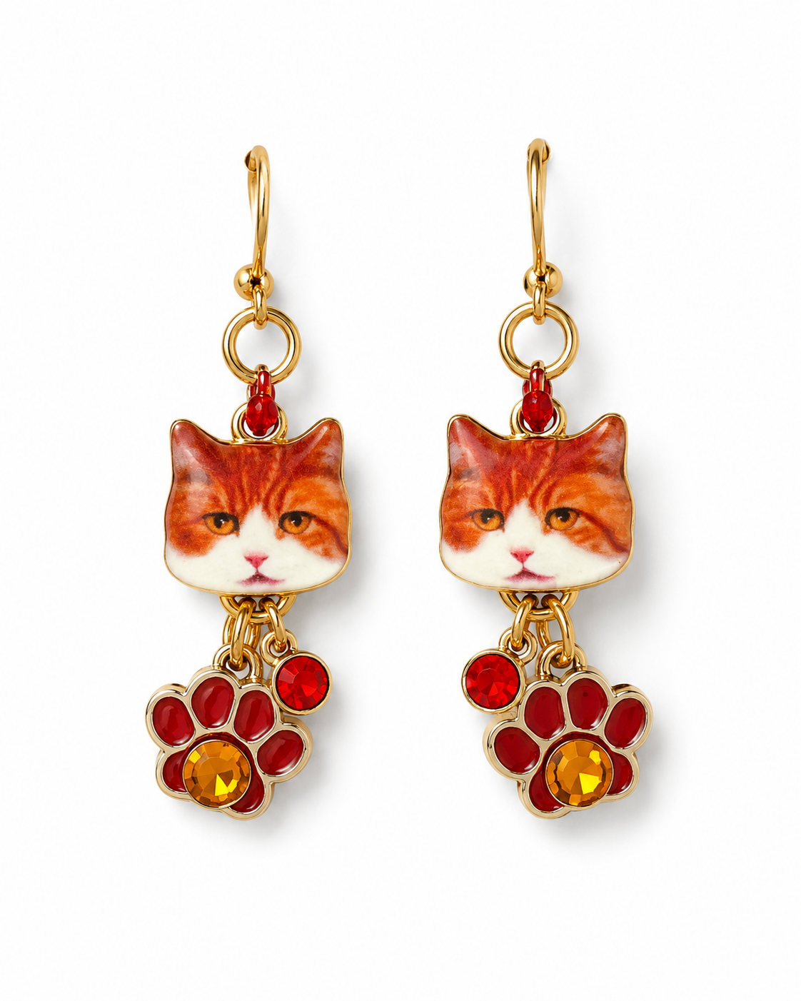 Handmade Whimsical Orange Kitten Earrings with Red Paws by D.K. Tlustos