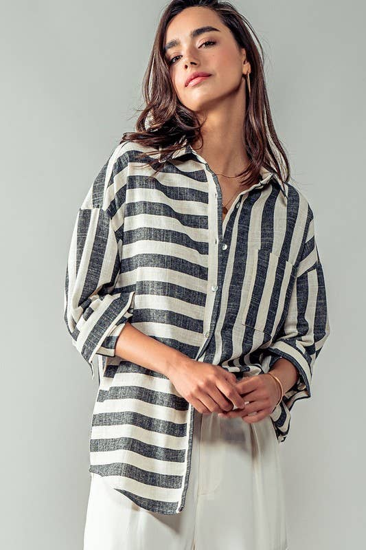 Urban Daizy - Mixed Stripe Pattern Oversized Button Down Shirt