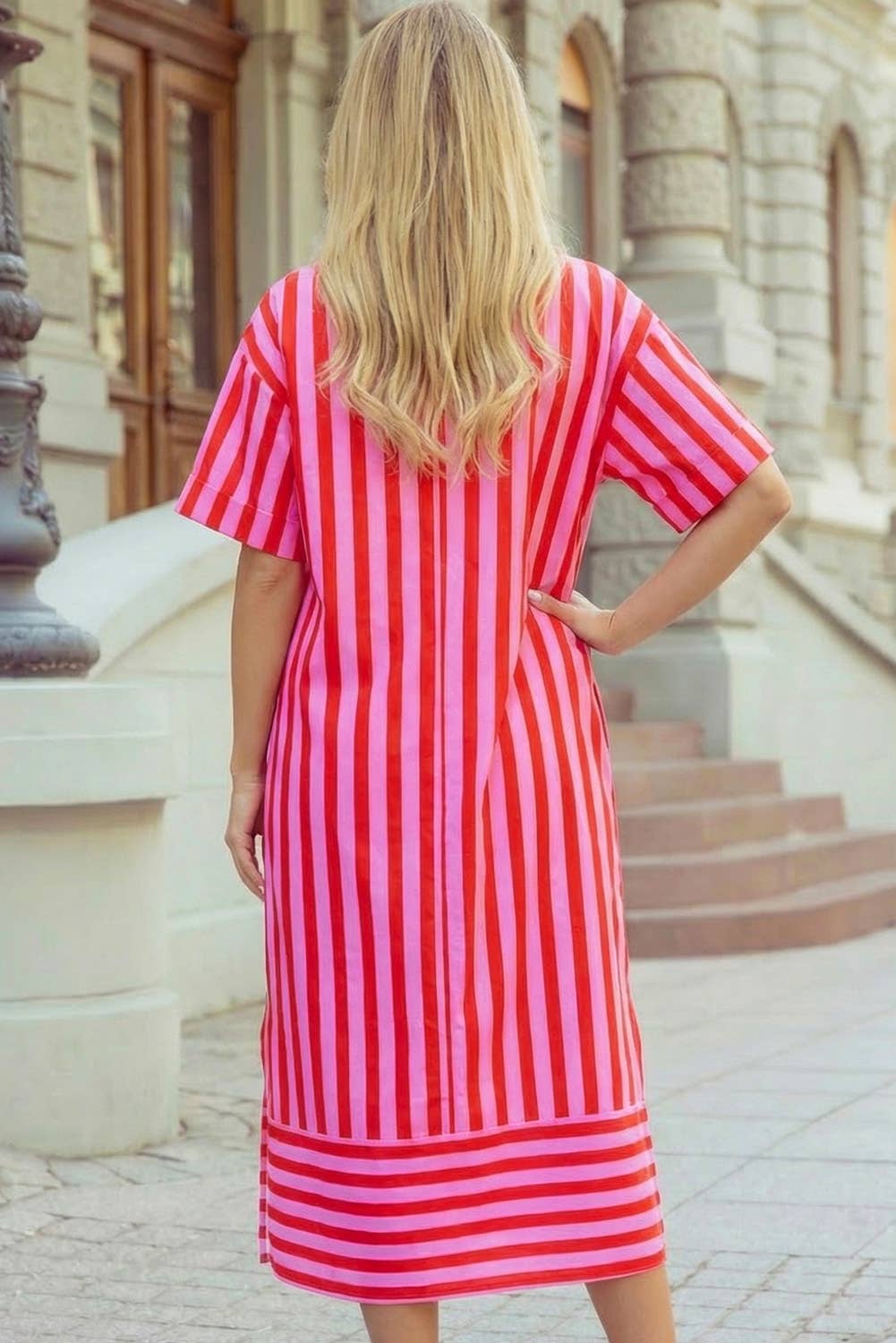 1 the Woman - V Neck Vibrant Striped Cuffed Sleeve Split Hem Midi Dress