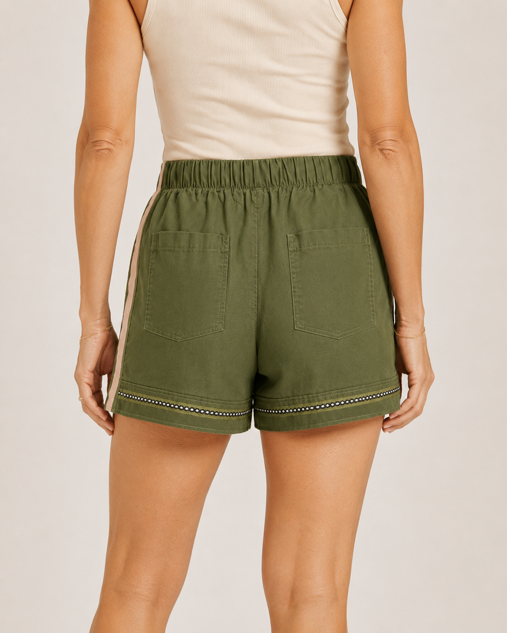 Hand-Embellished Olive Grove Lounge Shorts by Trish - Size Small