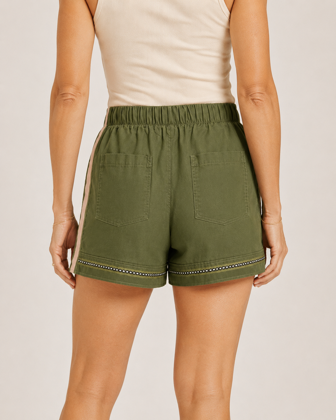 Hand-Embellished Olive Grove Lounge Shorts by Trish - Size Small