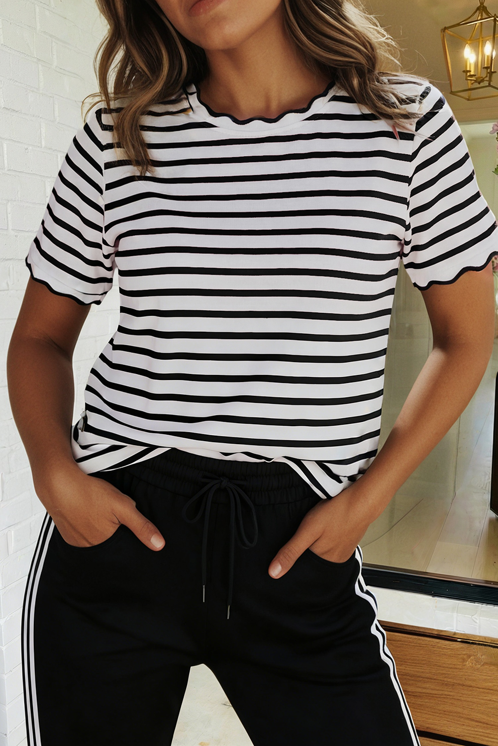 Stripe Scalloped Trim Round Neck T Shirt (S-XL)