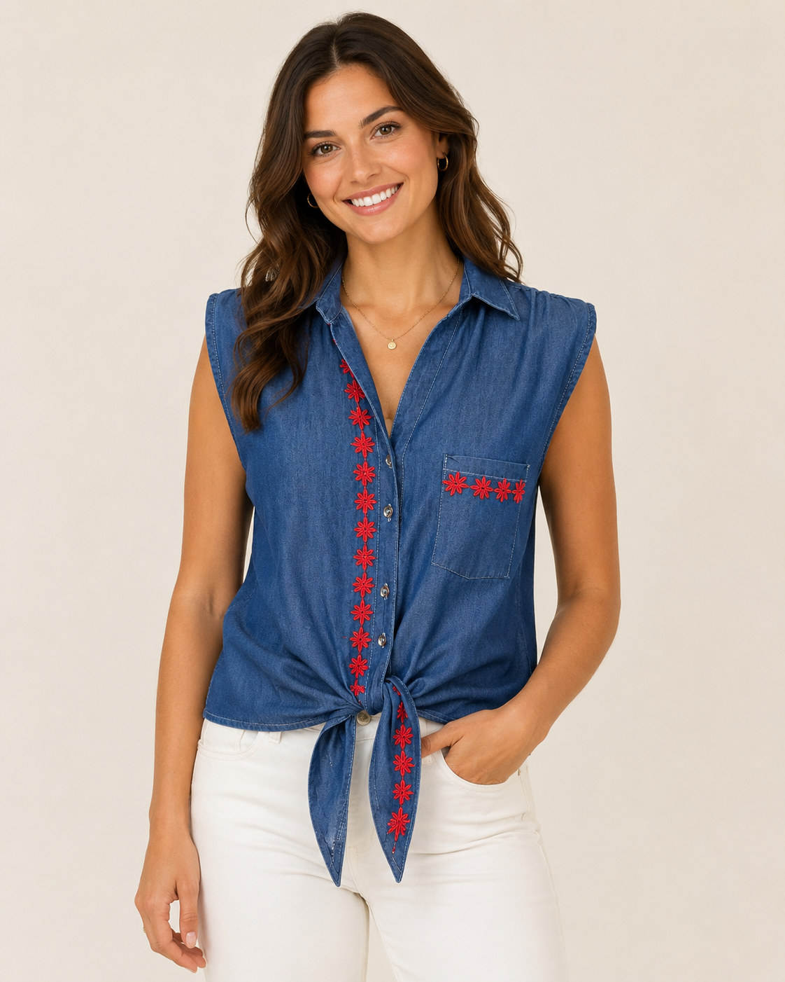 Hand-Embellished Red Flower Denim Tie Front Tank by Trish - Size Medium