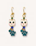 Handmade Whimsical White Kitten Earrings with Aqua Paws by D.K. Tlustos