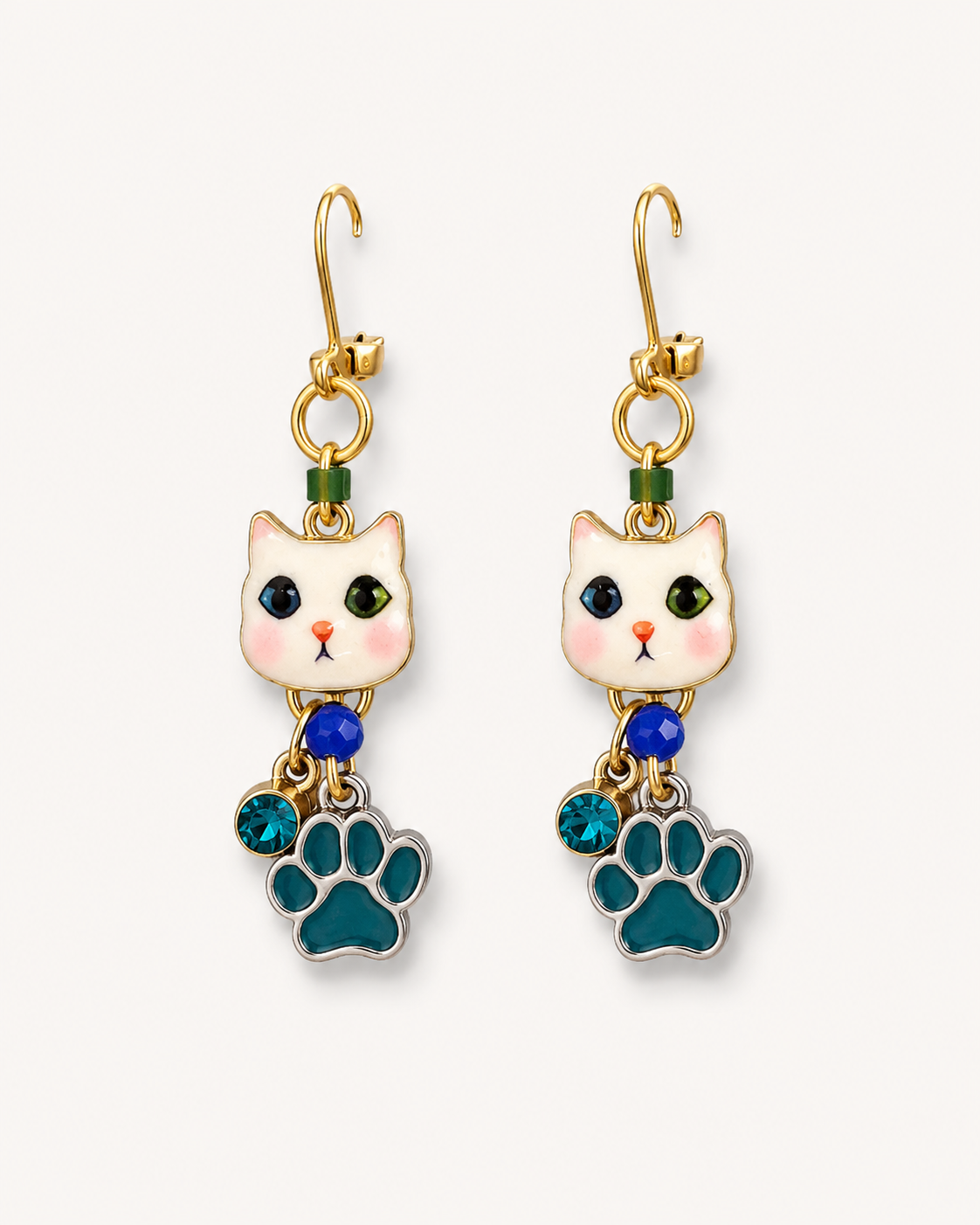 Handmade Whimsical White Kitten Earrings with Aqua Paws by D.K. Tlustos