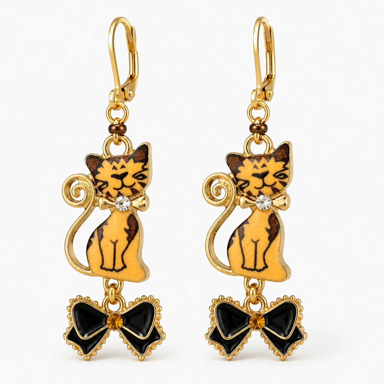 Handmade Orange Cat & Black Bow Earrings by D.K. Tlustos