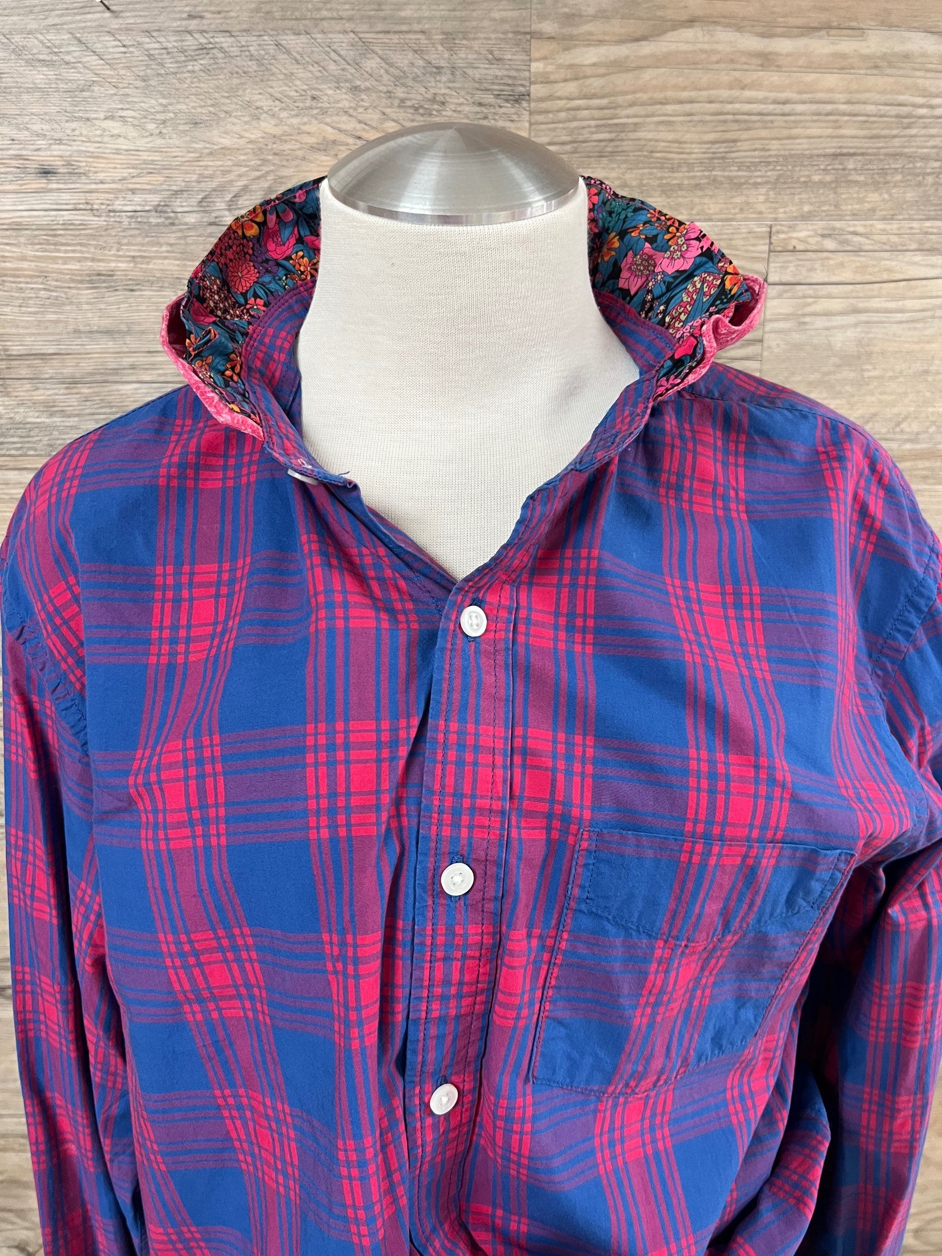 Blue and Fuchsia Plaid Ruffle Collar Button-Up Embellished by Trish - Size Large