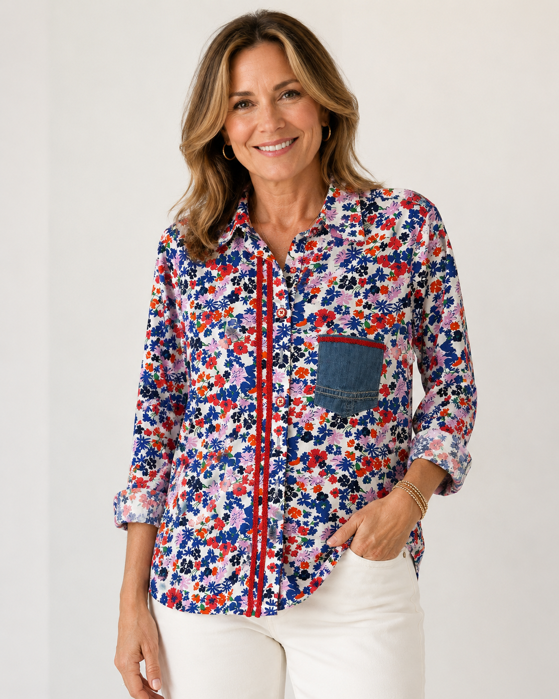 Hand-Embellished Garden Floral Denim Pocket Blouse by Trish - Size Small